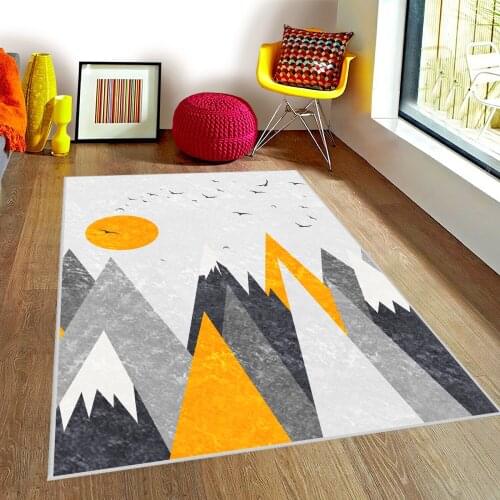Gri Çocuk Odası Halısı sarı gri dağ güneş yıldız kar gökyüzü beyaz gri halı