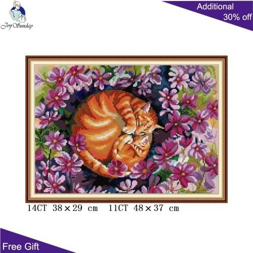 Joy Sunday Cats In Flowers DA472 14CT 11CT Counted and Stamped Cat Mother And Son In Flowers Home Decor Cross Stitch kits
