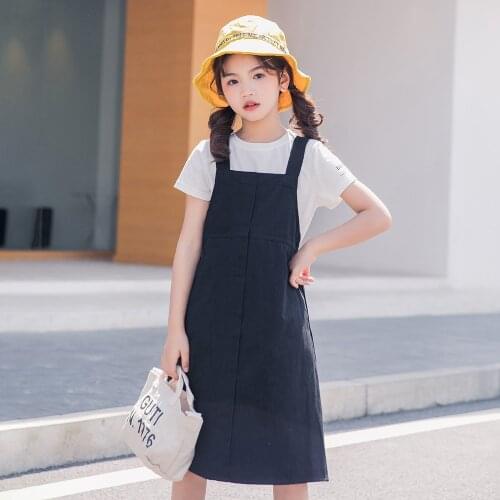 2021 Girl Set Childrens Clothing Girls White Cotton T-Shirt and Overalls Dress 2 Pcs Suits 4 6 8 10 12 Yrs Summer Kids Clothes