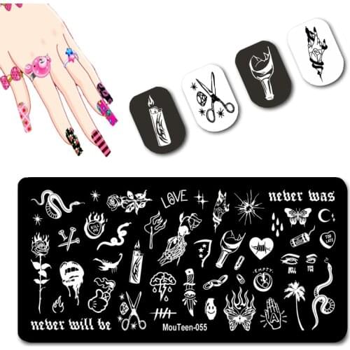 Mouteen New Skeleton Hands Nail Stamping Broken Bottles Nail Art Design Flame Flower Nail Stamping Templates #055