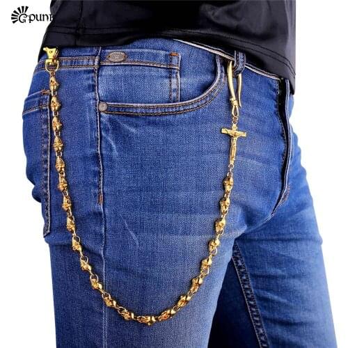 Mens Jean chains Punk Belt cross Skeleton Waist Chain Gold color accessories Black chain Wholesale Jewelry BC5G