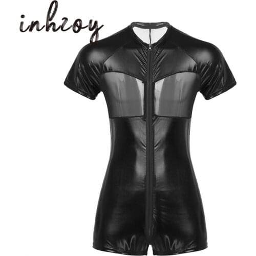 Men Shiny Metallic Sheer Mesh Hot Sexy Bodysuit Lingerie for Male Tight Jumpsuit Nightclub Party Rave Stage Performance Costume