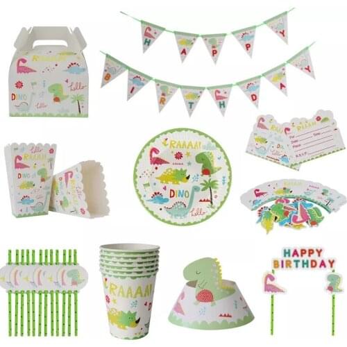 Green Cartoon Dinosaur Theme Disposable Tableware Set Baby Shower Kids Birthday Party Decoration