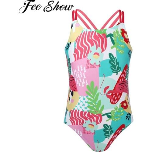 New Kids Girls Swimwear Painting Printed Criss Cross Spaghetti Straps Jumpsuit Bodysuit Swimsuits Bathing Suits Beachwear
