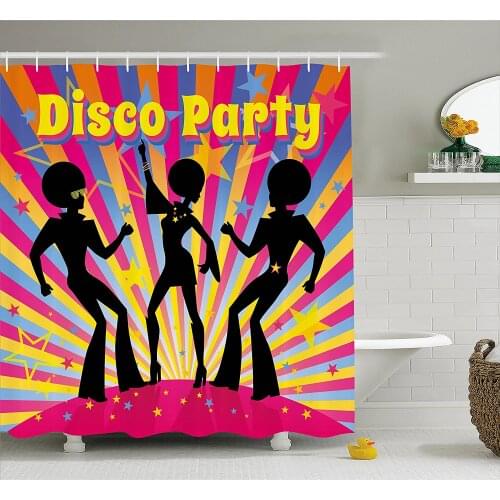 70s Party Decorations Shower Curtain Dancing People Silhouettes with Afro Hair Disco Party Funky Display Bath Curtains
