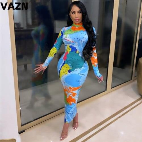 VAZN 2020 Hot Fancy Parity Sexy Retro Young Retro Soft Elastic Fashion Turtleneck Full Sleeve Women High Waist Maxi Dress