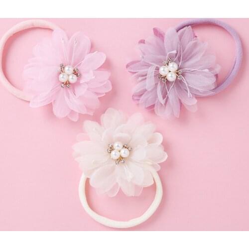 6 Colors Nylon Big Flower Headband for Baby Girl Pearl Elastic Bands Fabric Hair Band Beautiful Kid Gifts Baby Hair Accessories
