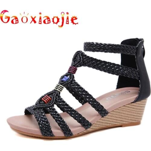 Sandals Women 2020 Summer Fashion Woven Wedge 5.5CM Zipper Large Size Slippers Women Comfortable Non-slip Roman Sandals Female