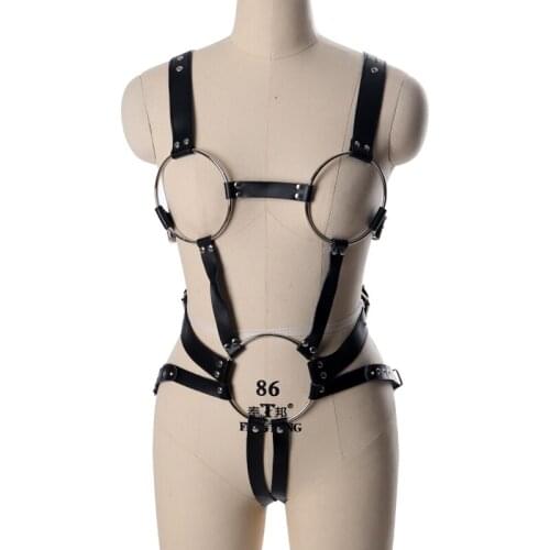 Sexy Leather Body Harness Set For Women BDSM Bondage Submissive Strappy Harness Open Bra Chastity Pants BDSM Erotic Fetish Belt