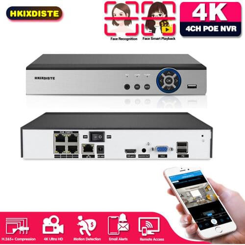 H.265 8MP 4 Channel POE NVR Kit Audio Face Detection Security Surveillance Video Recorder 8CH 4K POE NVR System 4CH XMEYE ONVIF