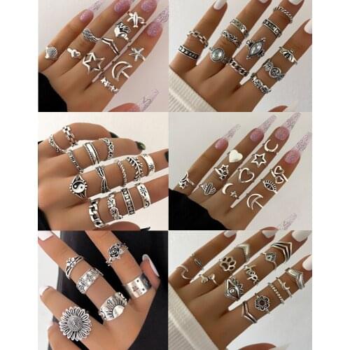 Mix Kinds Shape Boho Vintage Star Moon Twisted Carved Ring Set Ethnic Punk Totem Antique Silver Color Knuckle Finger Midi Ring