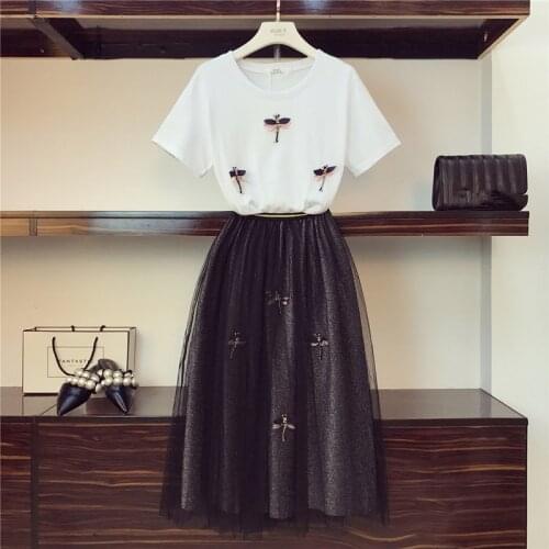 High Quality 2 Pieces Set Summer New Beading Tees Skirts Diamond 3D Dragonfly Cotton T-Shirt + Bright Silk Mesh Skirts Women Set