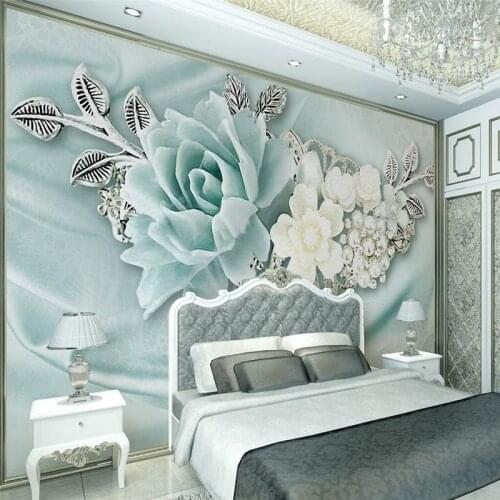 Wellyu Custom photo paper with large green wall 3D Stereo Mint Jewelery Pearls Flower Wall Painting Oil TV Wallpaper