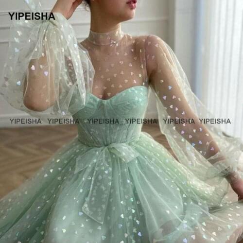 Yipeisha Mint Green Cocktail Dresses High Collar A-line Short Party Dress Illusion Puff Sleeves Prom Gown Vestido de Curto