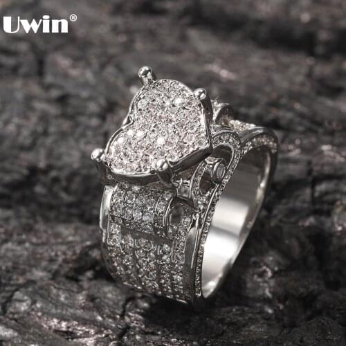 UWIN Fashion Jewelry New Heart Copper Rings Iced Out Cubic Zirconia Hip Hop Jewelry Delicate Gift for Men Women