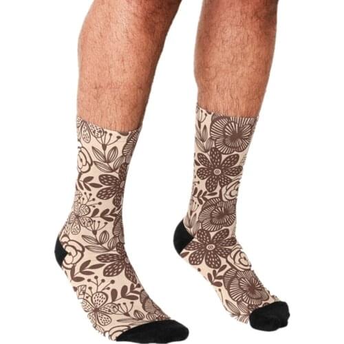 2021 Funny Mens socks Brown retro Floral Pattern Printed hip hop Men Happy Socks cute boys street style Crazy Socks for men