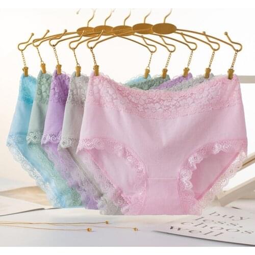 Solid Color Womens Intimates Casual Comfy High Waist Ladies Cotton Briefs Lace Trim Briefs Plus Size Panties