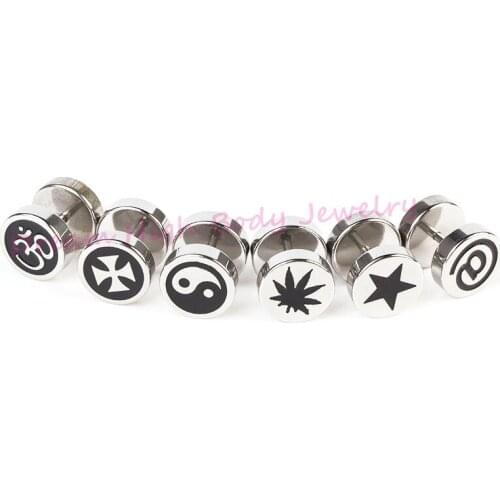 Stainless Steel Stud Earring Women Ear Nail Mixed Logos Barbell Gothic Round Plain Fake Ear Plug 10mm Jewelry For Men 1.2mm Bar