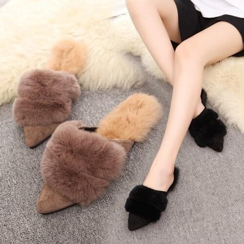 Real Fur Women Slippers Pointed Toe Lady Footwear Mujer Shoes 100% Real Rabbit Hair Slippers Women Fur Mules Shoes