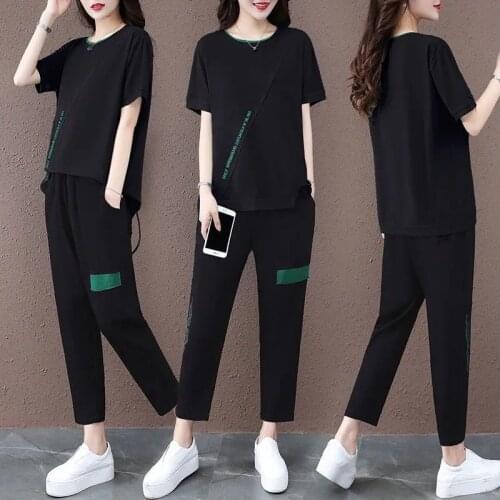 One-Piece/Set Women 2021 Summer New Plus Size Cotton T-Shirt Top Two-Piece Casual Sports Suit Female Loose Nine-Point Pants L773