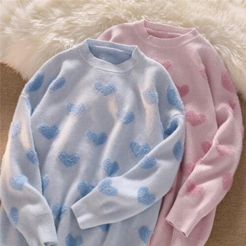 JMPRS Hairy Women Sweater Winter Cute Japan Love Female Knitted Jumper Winter Warm Loose Casual O Neck Female Sweater Coats 2021