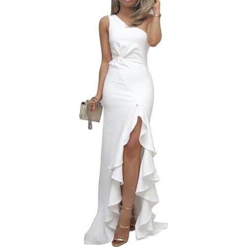 Women Formal Bodycon White Dress Slash Shoulder Ruffles Women Off Shoulder High Split Long Dress Wedding Party