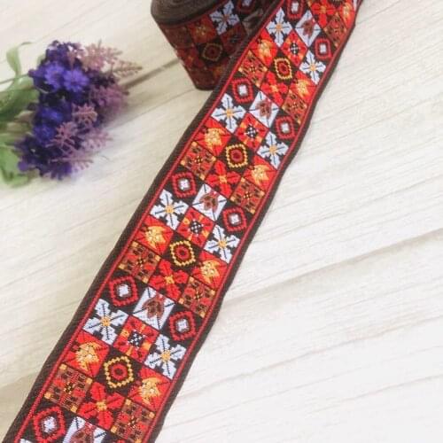 10yards/lots Woven Jacquard Ribbon 5cm black background red geometric pattern LS-6707