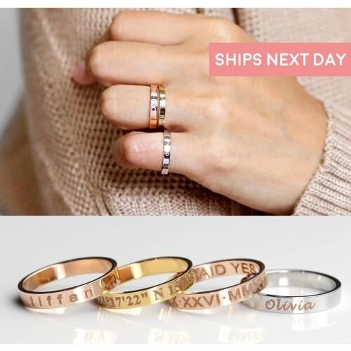 Customized Stainless Steel Ring 3 Colors Bar Single Ring Wedding Bands Laser Engraved Logo Name Date Ring Gift for Men Womens