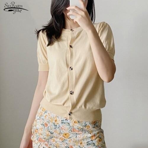 Blusas 2021 Summer Autumn Women Tops Blouse Solid Short Sleeve Shirt Casual Knit Korean Cardigan Button Chic Clothing 9827