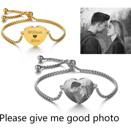 New Engraved Photo Name Heart Bracelet Adjustable Stainless Steel Personalized for Family Best Friends Birthday Wedding Gifts