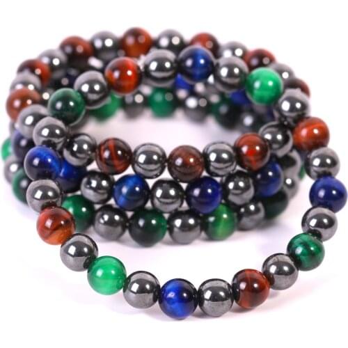 Retro Reiki Black Hematite Bracelets 8mm Chakra Stone Colorful Natural Tiger Eye Strand Bracelets Healing Balance Women Male