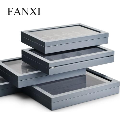 Fanxi Jewelry Case Leather Jewelry Display Case Ring Bracelet Storage Case Blue Grey Jewelry Organizer Showcase