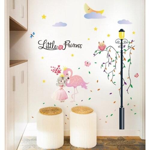 DIY Ins Pink Flamingo Lamp And Girl Wall Stickers Home Decor Mural Kids Baby Bedroom PVC Vinyl Decorated Sticker Home Decoration