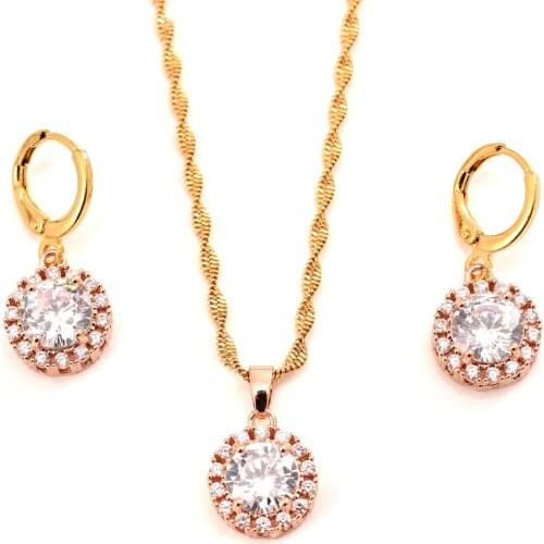 Hot Sale copper jewelry Sets CZ pink crystal Fashion round Jewelry sets Women Valentines Day wedding bridal party present gift