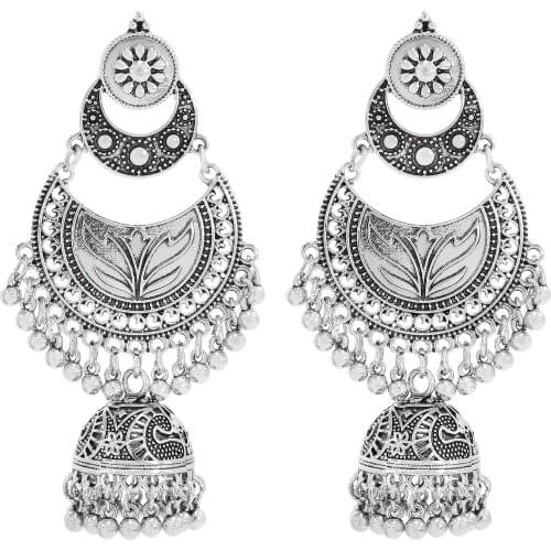 Indian Jhumka Earrings for Women Vintage Oxidized Silver Color Metal Geometric Bells Tassel Earring Tribal Party Jewelry Gift