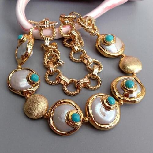 KKGEM 43CM Gold Plated Chain Natural White Coin Pearl Electroplated Cubic Zirconia Pave Beads Necklace/bracelet