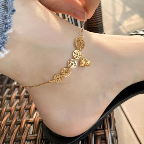 Classic Coin Bell Pendant Titanium Steel Gold Anklet For Woman Fashion Korean Ankle Jewelry Girls Sexy Swimsuit Party Anklet