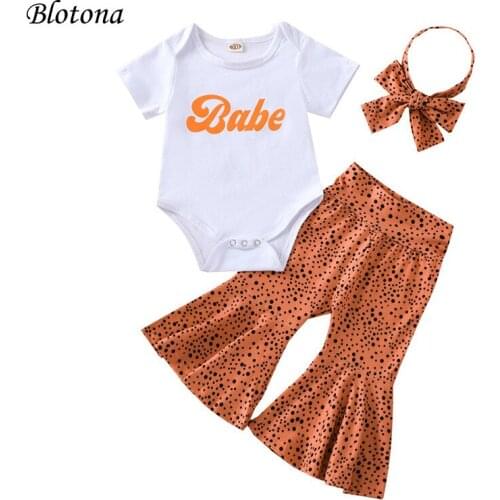 Blotona Infant Baby Girls Clothes Set, Short Sleeve O-neck Romper+Dot Print Flared Long Pants+Bow-knot Headband, 0-24Months