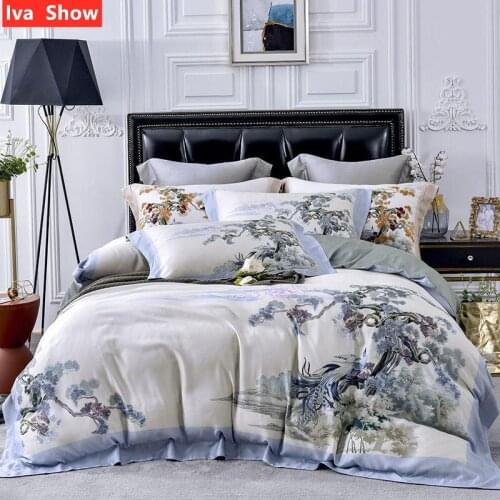Iva Show Blue Gray Premium Tencel Bedding Set Pine Ink Painting Bed Set Blue Edge Pillowcases Queen King Size Bed Four-pieces