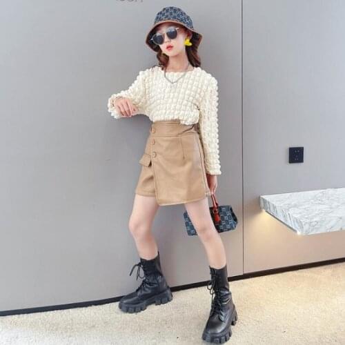 Girls' Western Style Suits 2021 Autumn New Big Kids Korean Version of All-match Casual Sweater Leather Skirt Pants 2-piece Set