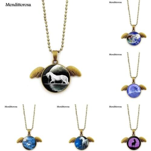 Mendittorosa Fashion Multi Designs Glass Cabochon Bronze Angel Wings Pendant Ball Chain Necklace Jewelry Gifts Cute horse