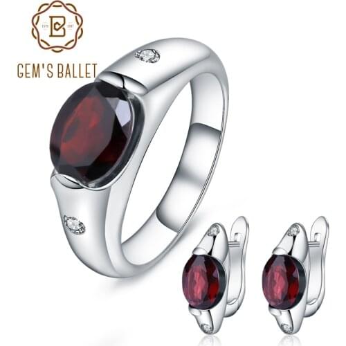 GEMS BALLET Natural Red Garnet Gemstone Ring Earrings Jewelry Set 925 Sterling Silver Classic Fine Jewelry For Women Wedding