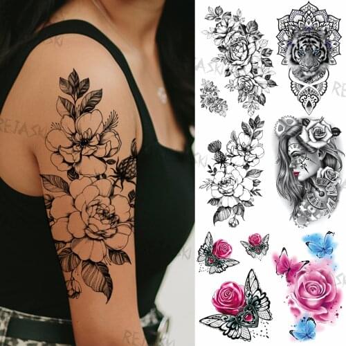 Realistic Dahlia Flower Temporary Tattoo For Women Men Henna Tiger Butterfly Rose Fake Tattoo Sticker Waterproof Arm Tatoo Peony