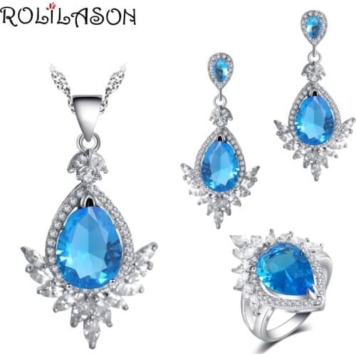 ROLILASON Trendy light Blue Cubic Zirconia Party Gift for Women Silver stamped Earring Necklace Ring Jewelry Set JS771