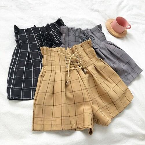 Retro Plaid Shorts Elastic High Waist Wide Leg Shorts Fashion New Pocket Bowknot Casual Shorts Wide Leg Loose Ruffle Hot Pants