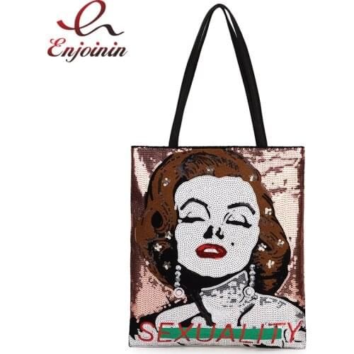 New Design Evening Tote Bag Sequin PU Leather with Lovely Lady Face Funky Paillette Shoulder Handbag for women Female Purse Bag