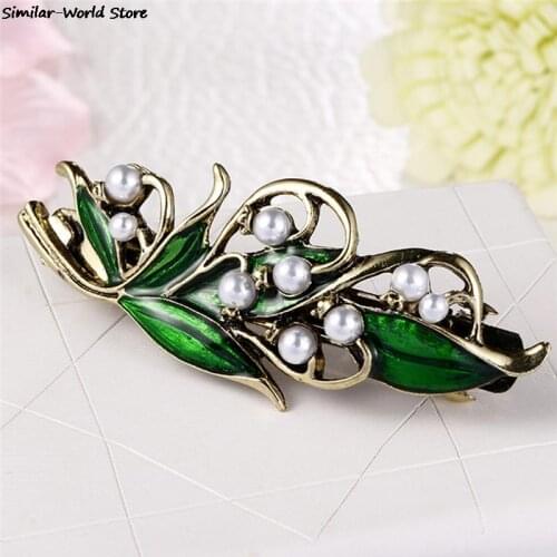 Exquisite Elegant Retro Enamel Green Leaf Pearl Hair Clamp Clip Hairpin Women Girls Hair Accessories
