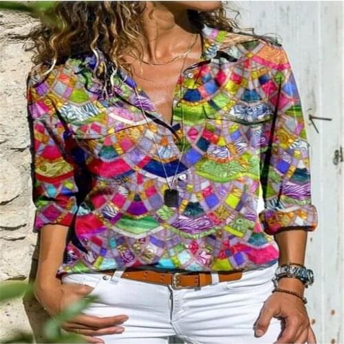 Spring Casual Turn-down Collar Geometric Print Women Shirts Fashion Single-breasted Long Sleeve Loose Blouse