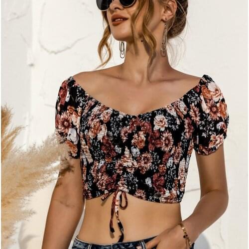 Fashion Drawstring Floral Print Women Cropped Blouses Vintage Puff Sleeve Back Elastic Female Shirts Summer Sweet Chic Lady Tops