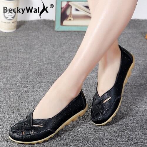 Large size summer women flats shoes genuine leather shoes woman cut-outs loafers slip on breathable casual womens shoes WSH2685